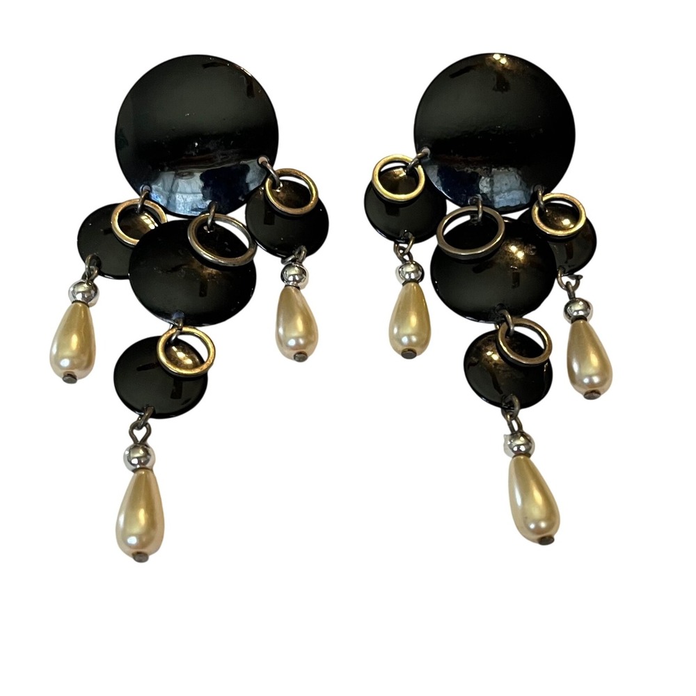 Black Disc Dangle Earrings with‎ Faux Pearl Drops Statement Jewelry